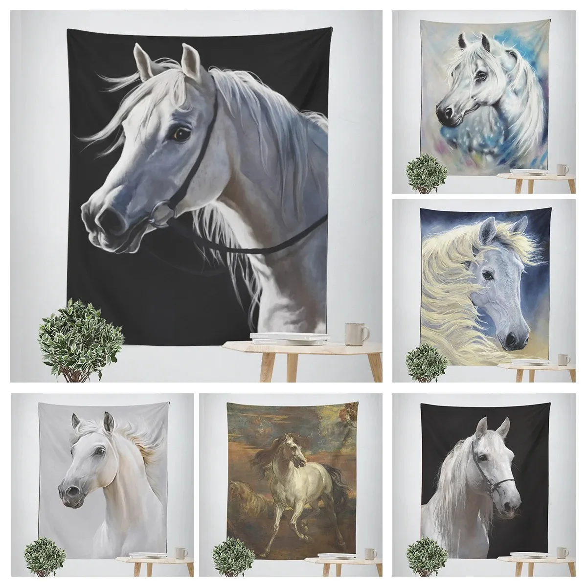 Home Wall Decoration Tapestry Animal White Horse Hanging Cloth Office Living Room Tapestry