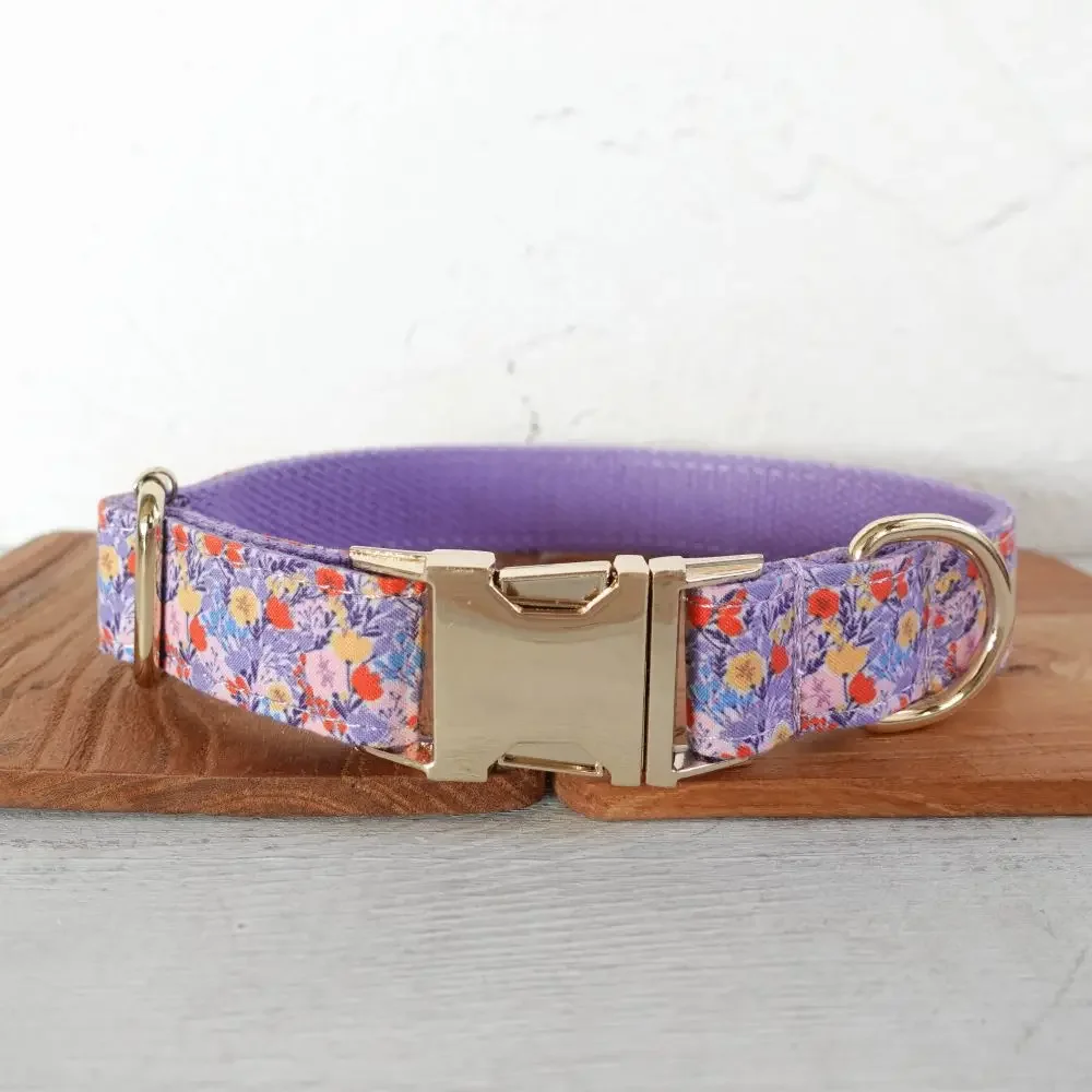 Personalized Dog Collar Custom Pet Collar Free Engraving ID Name Tag Pet Accessory Purple Flowers Fiber Puppy Collar Leash