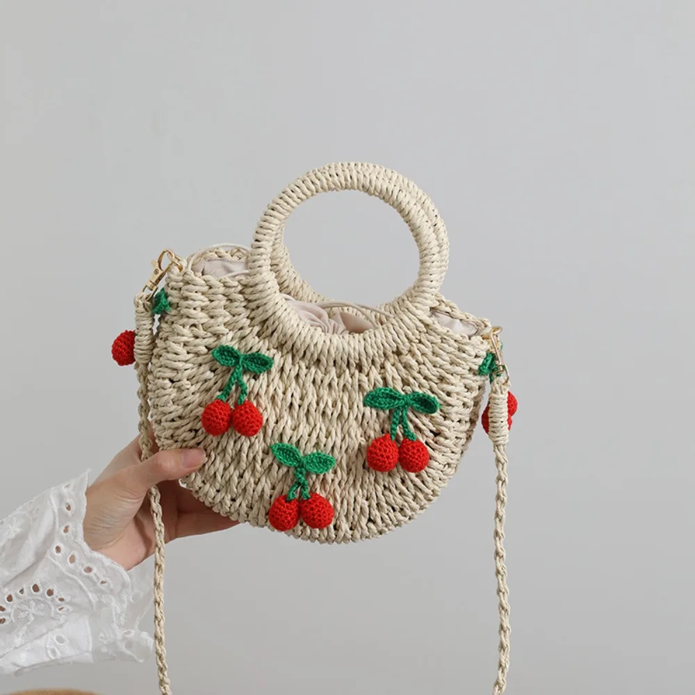 Cute Cherry Handmade Woven Bag New Large Capacity Trendy Beach Bag Strawberry Casual Handbag Lady