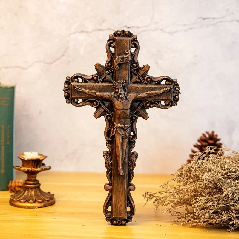 Vintage Jesus Crucified Wooden Wall Cross Religious Catholic Image Home Living Statue