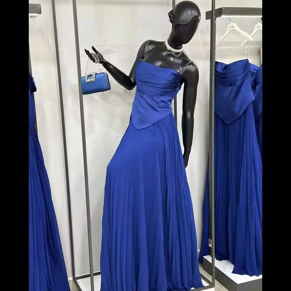 Elegant Real Image Royal Blue Long Formal Dresses Satin Top And Pleated Chiffon Skirts Women Party Dress