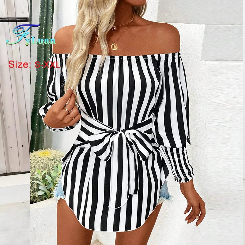 

2025 New Simple Women‘s Shirt Fashion Loose Off The Shoulder Lantern Sleeve Striped T-Shirt Asymmetrical Hem Belted Casual Shirt