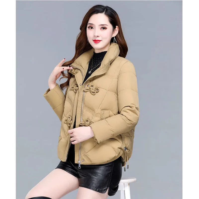 

Chinese Style Fetro Buckle Women's Down Short Coat 2026 Winter Female Fashion Warm Loose Jacket Plus Size Padded Overcoat