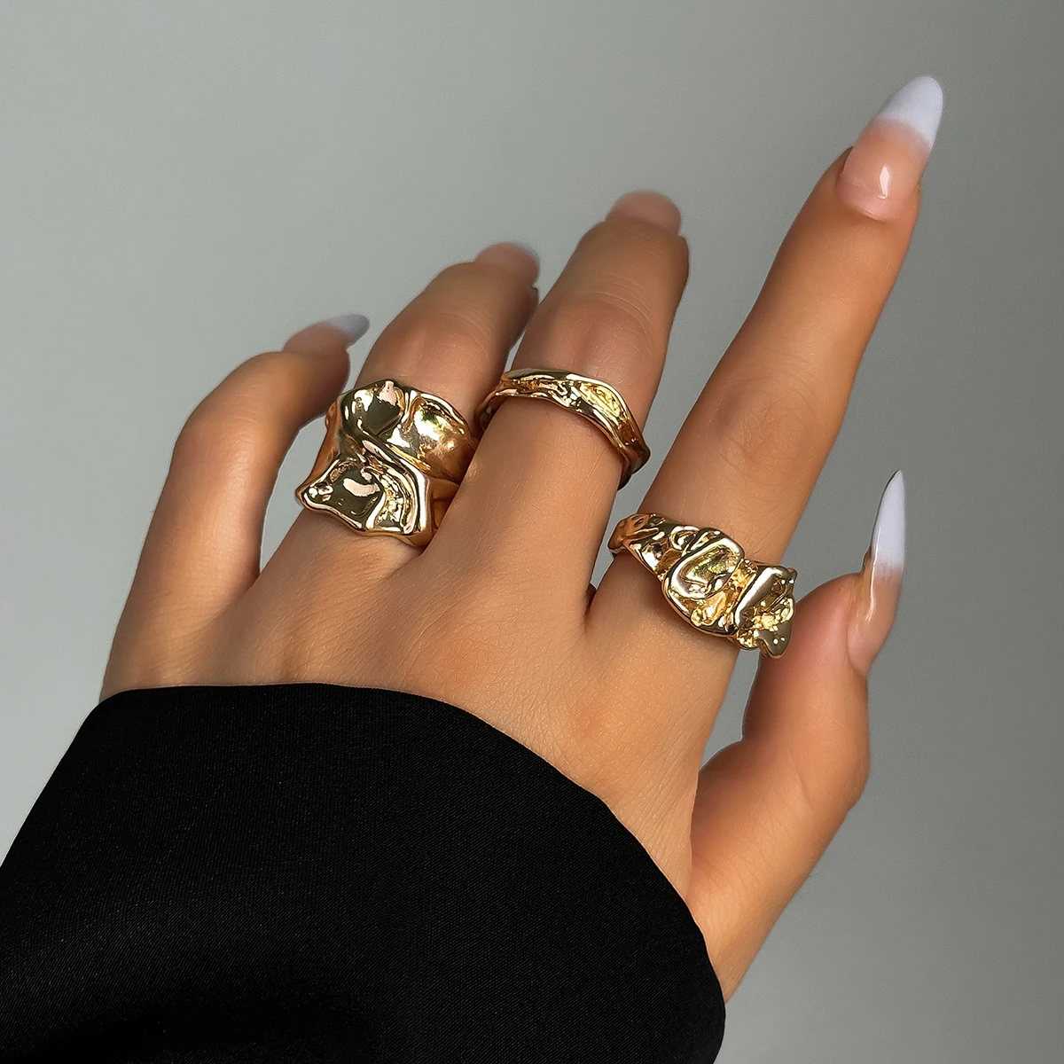 IngeSight.Z 3pcs/set Creative Metal Irregular Tinfoil Concave-Convex Rings for Women Retro Gold Color Geometric Open Ring Party