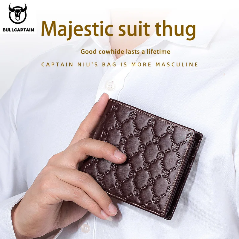 BULLCAPTAIN Men\'s Leather Wallet New Genuine Leather RFID Card Holder Man Wallet Fashion Small Logo Horizontal Photo Frame Clip
