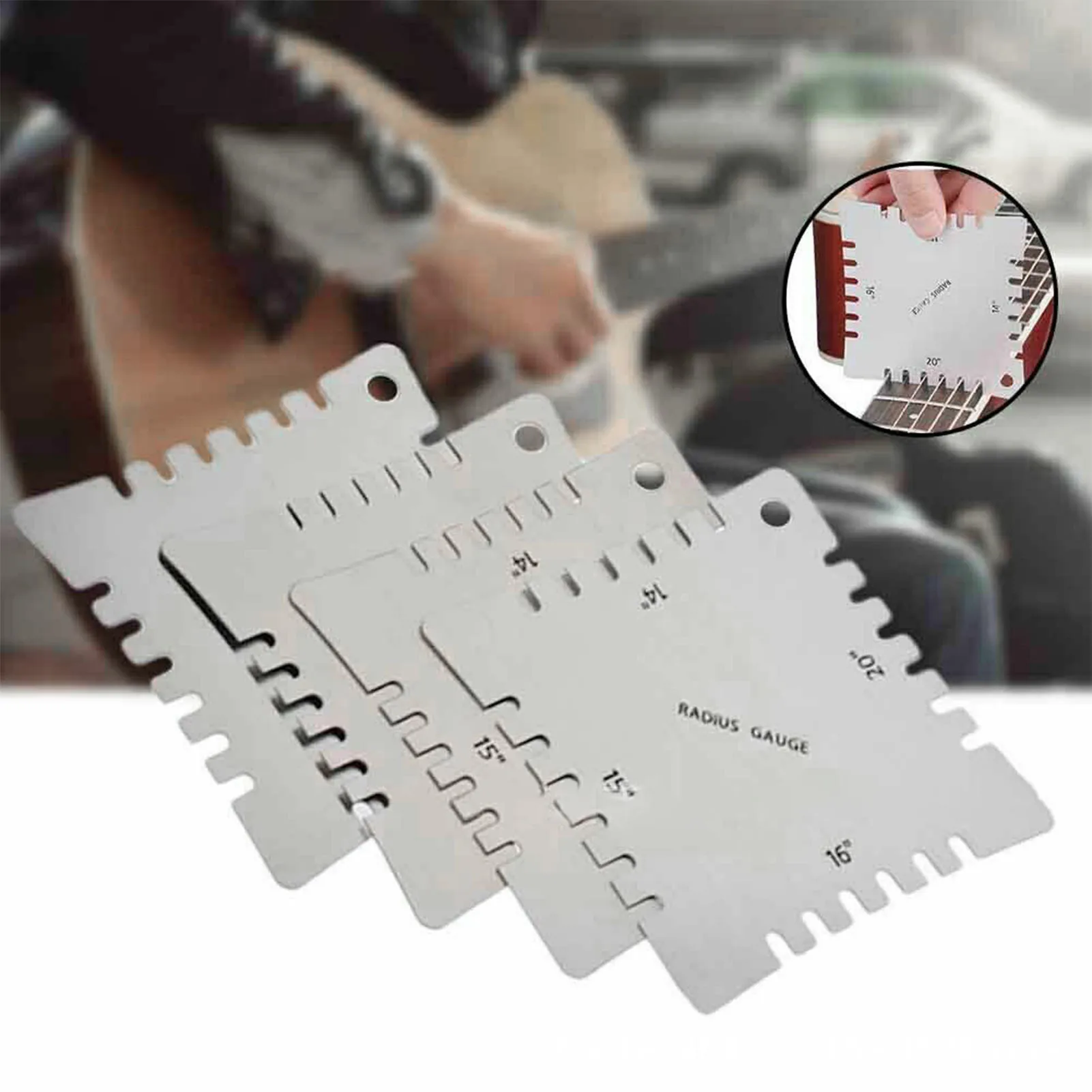 

4Pcs Guitar Notched Radius Gauge Set Stainless Steel Fingerboard Ruler Fretboard Measuring Luthier Tool with 7.25in, 9.5in,