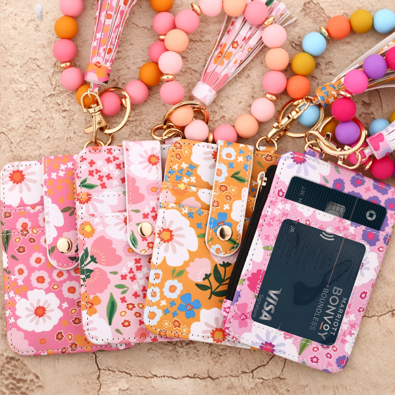 

2025 Silicone Bead Bracelet Leather Card Bag Wristlet Keychain Silicone Bracelet Wallet Bangle floret Printed Fragmented ID Bag