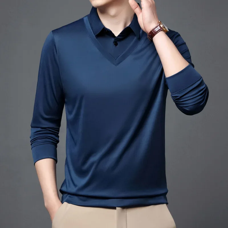 New Men\'s Spring and Autumn Long Sleeved Fake Two Piece Polo Shirt Solid Color Trendy Fake Two Piece Long Sleeved T-shirt