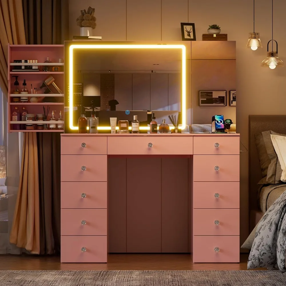 طقم زينة بمرآة مضيئة مع مكتب كبير وتخزين 11 درج #3