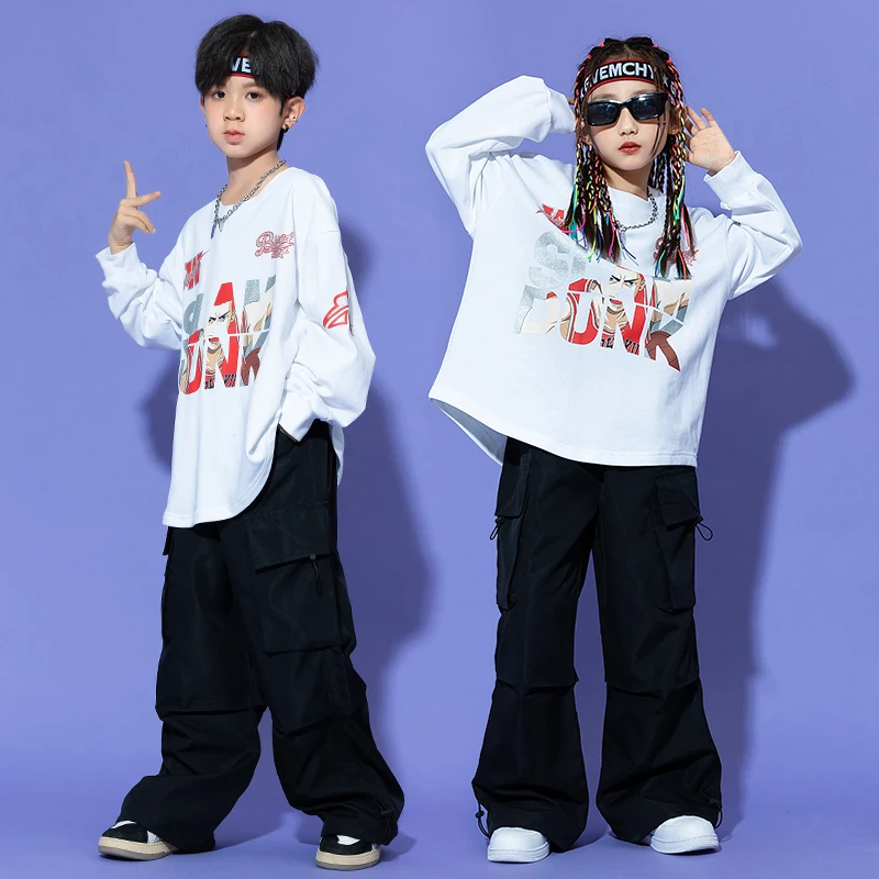 

Kids Hip Hop Clothing White Sweatshirt Cargo Pants Boy Street Dance Outfits Girls Streetwear Children Jazz Sport Costume Clothes