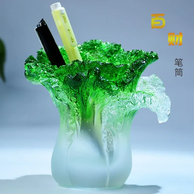 Glazed Glass Cabbage Pen Holder Creative Desktop Ornament Home Office Decor Business Gift Graduation Commemorative Craft Art