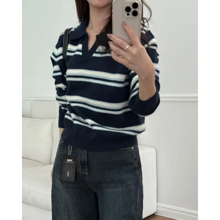 Emagrecimento longo sve ne listrado malhas simples faculdade sle camisola feminina chique outono inverno versátil faion topo