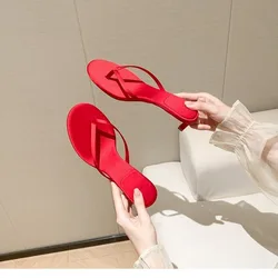 Sandalias de marca de lujo para mujer, chanclas femeninas de tacón de gato, sandalias de verano, zapatillas informales Rojas, 2024