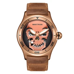 Reef Tiger/RT Top Brand Skull Automatic Mechanical Watch For Men Leather Strap Luxury Sport Male Wristwatches RGA70S7