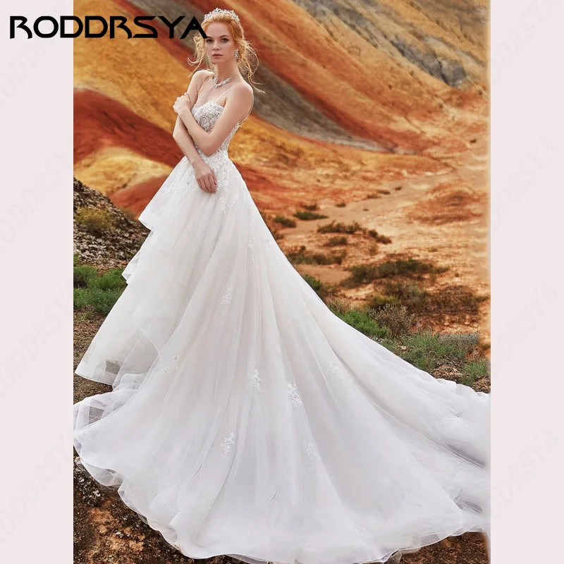 RODDRSYA Princess Wedding Dresses Sweetheart Lace Tiered A-line Robe De Soirée Elegant Spaghetti Straps Backless Bridal Party