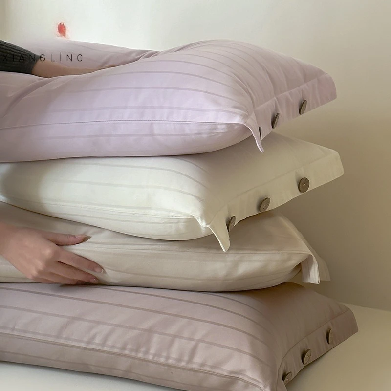 48x74cm Long Staple Cotton Pillowcase Home Satin Jacquard Stripe Envelope Style Button Decor 2pcs Pillow Cover Home Bedding Gift