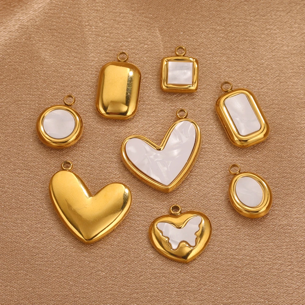 5pcs Stainless Steel Pearl Shell Square Round Oval Cahrms For Necklace Bracelet DIY Pendants Jewelry Making Accessories Craft