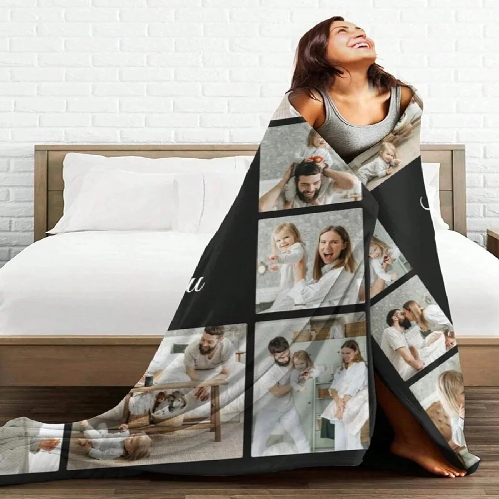 1pc Customized Photo Blanket Personalized Photo Blanket  Memory Blanket Family Gift Customized Christmas Gifts  For Lover