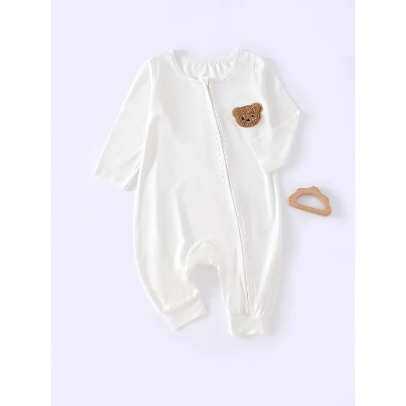Bamboo Fiber Long-sleeved One-piece Solid Pattern Zipper Rompers for Infants and Newborns