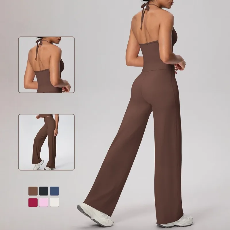 

Women's Seamless Yoga Set Solid Color Brushed Tight Strap Halter High Waist Yoga Outfit Set Sports Running Fitness Two-Piece Set