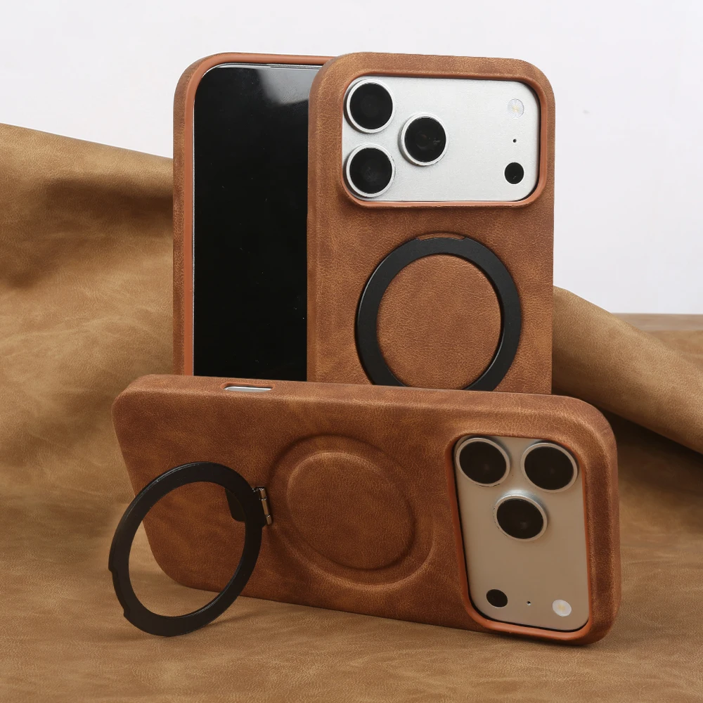 

Luxury Leather Bracket Holder Phone Case For iPhone 17 16 15 14 Plus 13 12 11 Pro Max for Magsafe Magnetic Car Stand Cover Funda