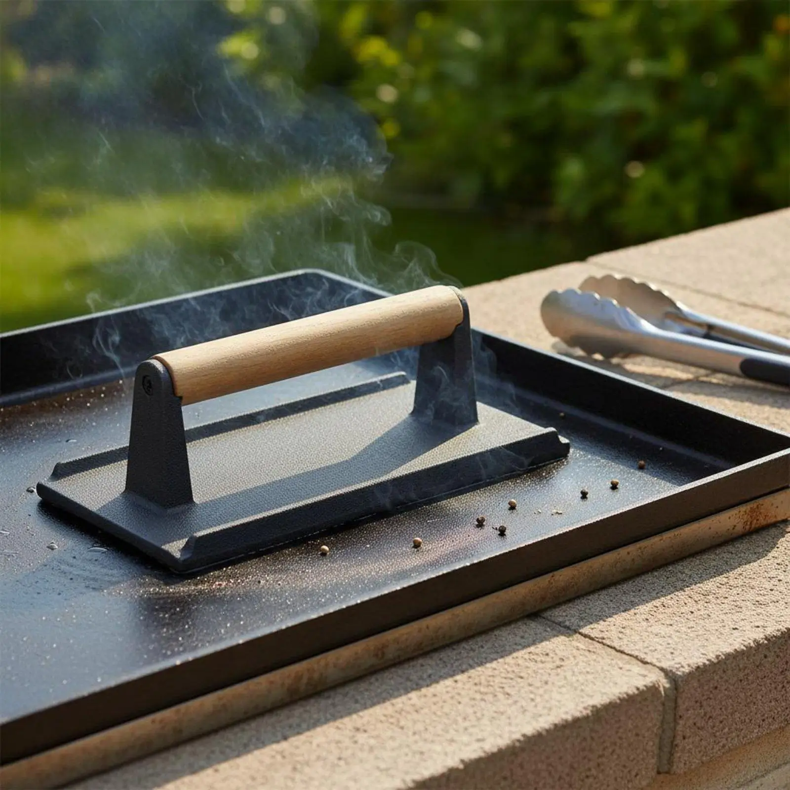 Cast Metal Grill Press Grooved Bottom Wood Handle Grill Press Heavy Duty