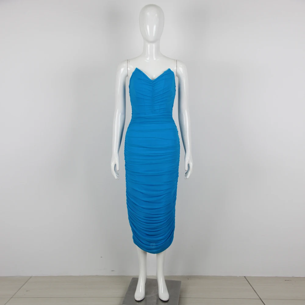 فساتين حفلات المشاهير المثيرة للنساء برقبة على شكل V فستان ميدي بتصميم شبكي أزرق مرقع