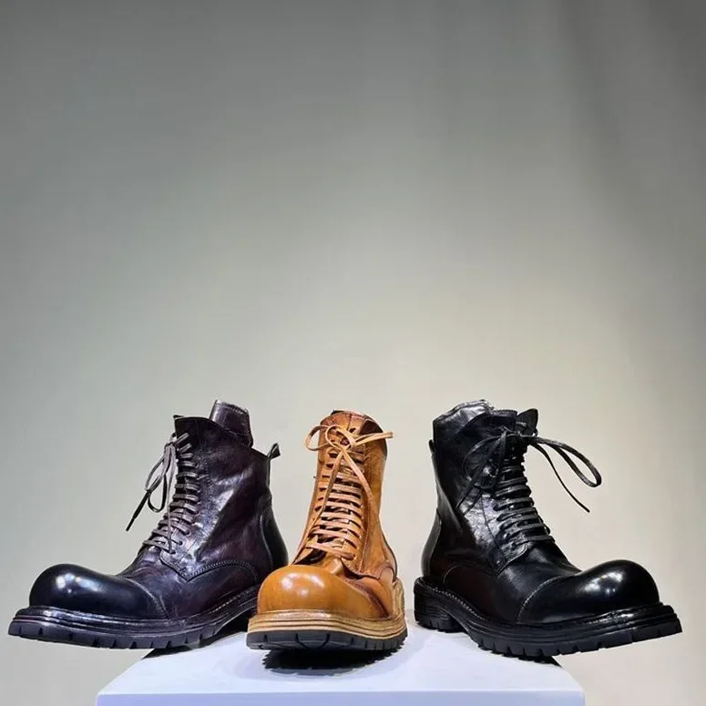 Men\'s Leather Thick Soles Lace-up Mid-barrel Heightening Recreational Heavy Industry Wash Motorcycle Boots for Men