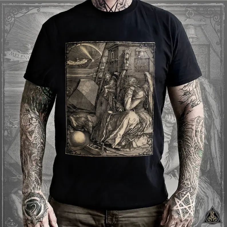 Albrecht Dürer T-Shirt - Melencolia I | Baroque Engraving | Dark / Gothic / Mythology / Medieval / Occult Woodcut Clothing Tee