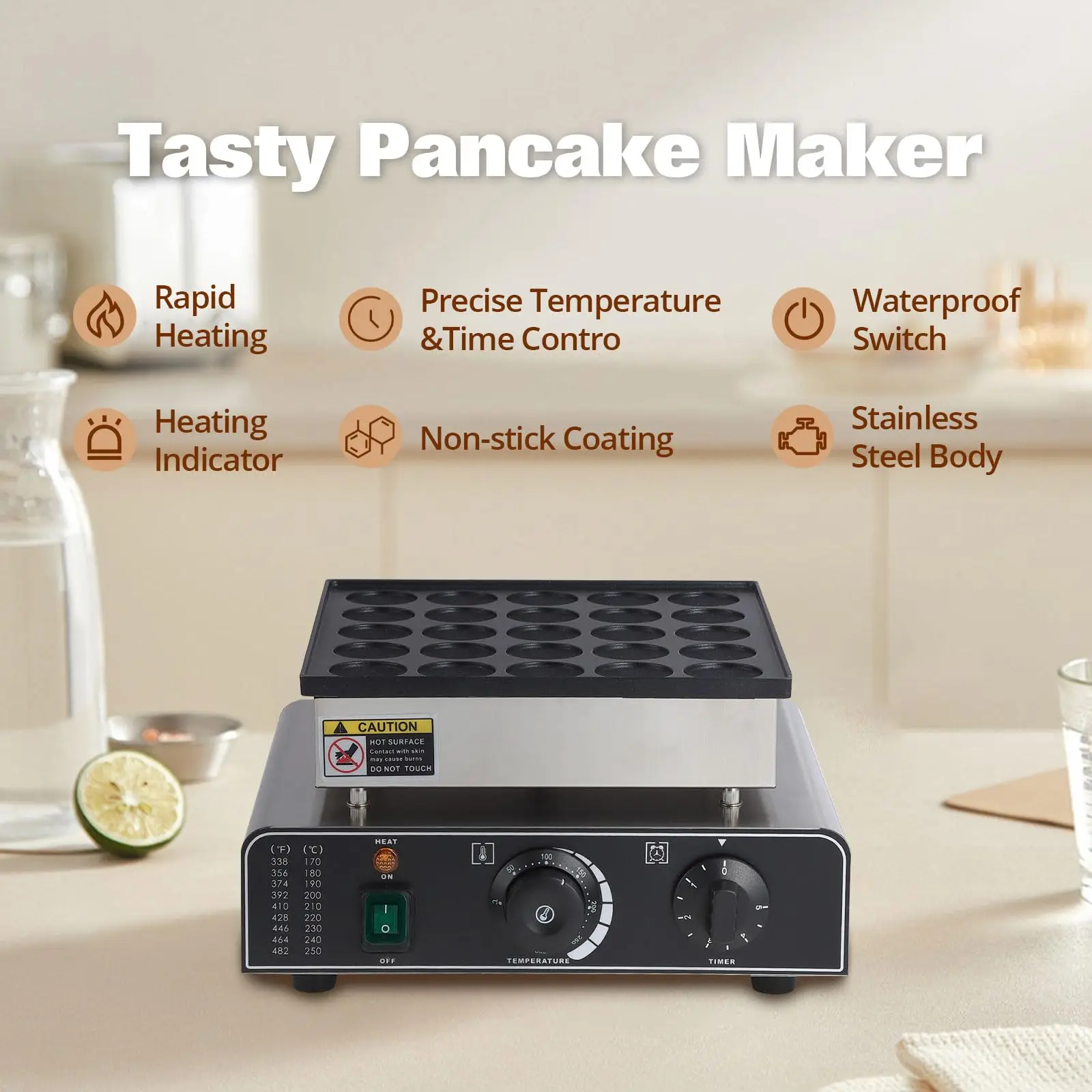 25 قطعة 850 واط غير لاصقة سهلة التنظيف صانع فطيرة صغيرة الهولندية Poffertjes شواء 122-572 ° مؤقت F Temp للمنزل التجاري