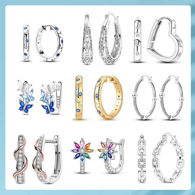 

Hot Sales 925 Sterling Silver Hoops Earrings Simple Sparkling Heart Star Butterfly Zircon Earring for Women Fashion Jewelry Gift