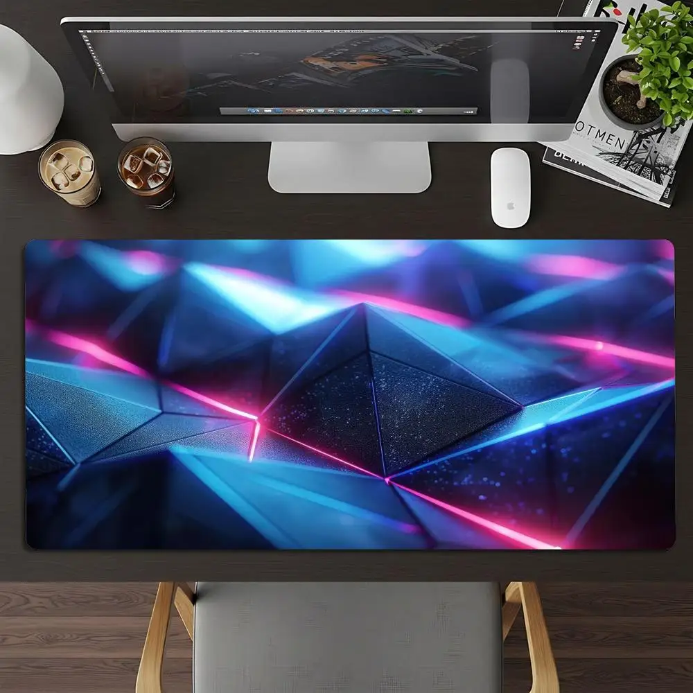 Neon Geometric Gaming Mouse Pad XXL Blue Pink Cyber Polygon Deskmat Non‑Slip Rubber Keyboard Mats Big Desk Pads for Gamer Laptop