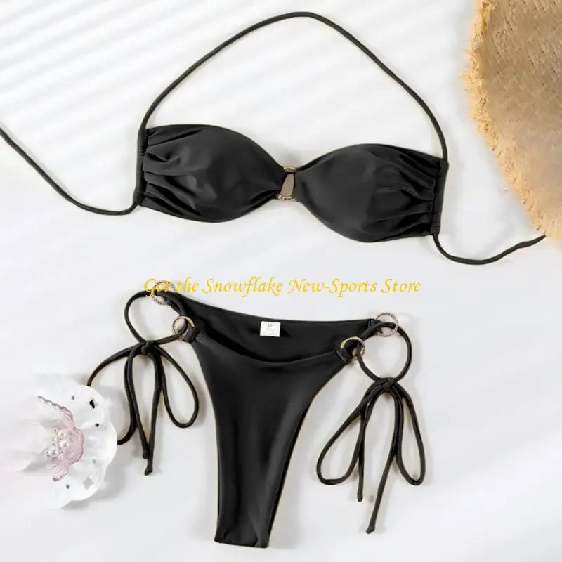 E56D Bathing Suit for Women Halter Ring Linked Tie Side Sets Two Piece Swimsuit