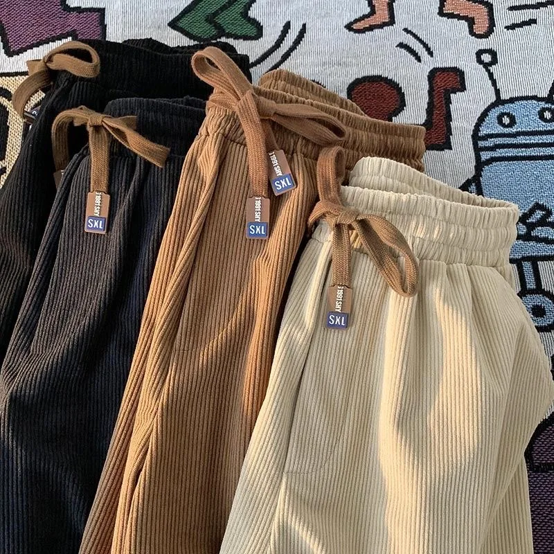 Thickened Corduroy Casual Sports Pants for Women High Waist Street Style Elastic Cotton High Warmth Straight Leg Loose Fit