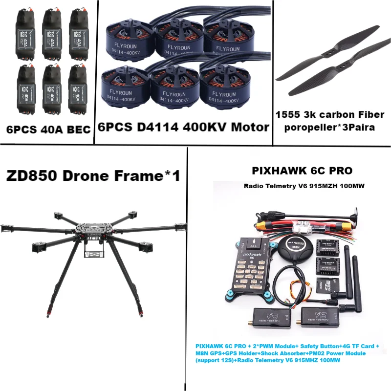 Rctosky ZD850 6C PRO M8N Fibra de carbono completa 850mm Estrutura hexa-rotor BLHELI 40A ESC Conjunto de telemetria Rado de controle de voo
