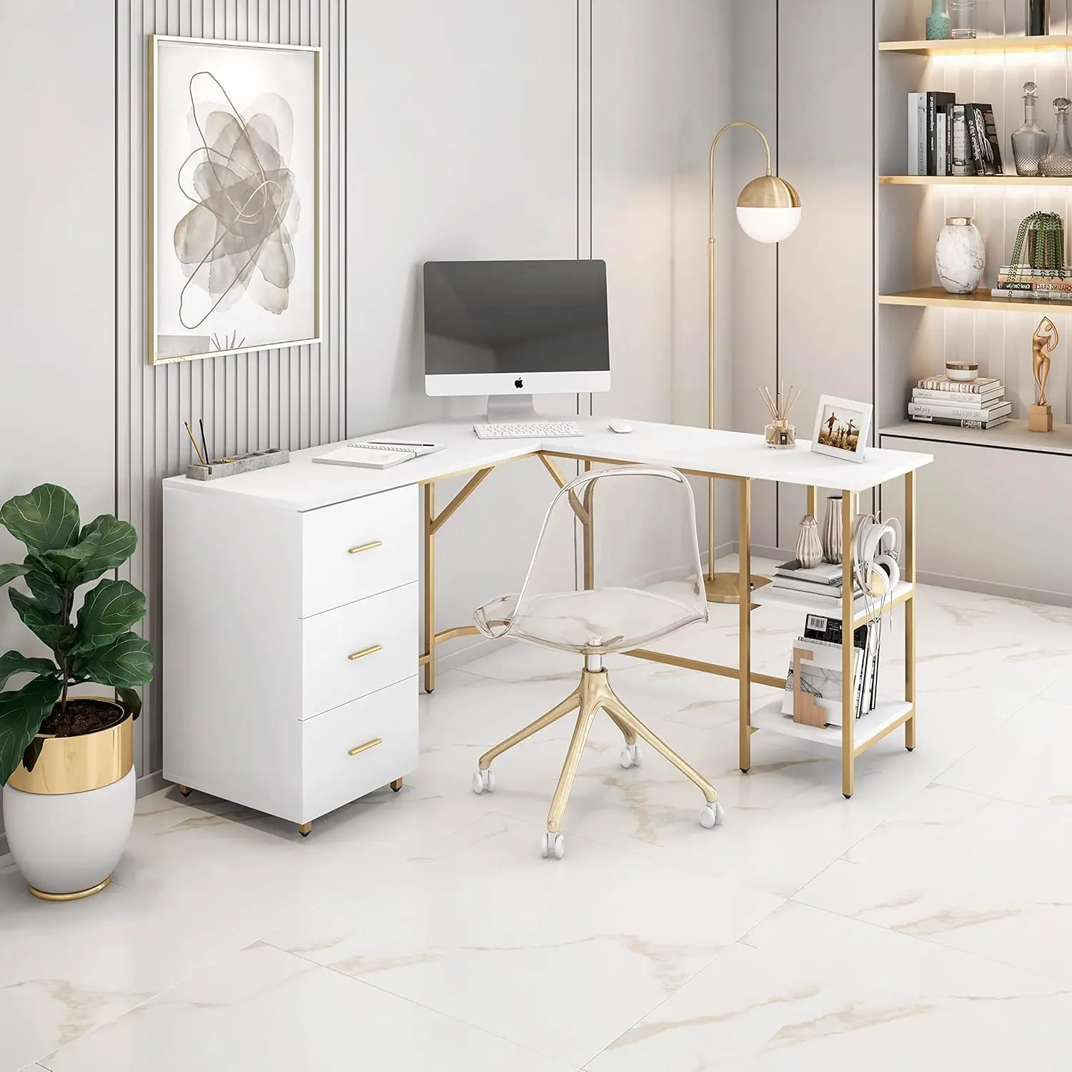 Techni Mobili L Shaped Desk - Two-Toned Computer Desk with Drawers & Storage Shelves - Simple Modern Furniture & Home Office Spa