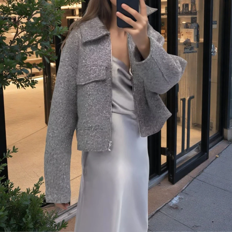 Vestes courtes en Tweed pour femmes, nouvelle mode de rue, avec revers et manteaux en laine, automne et hiver