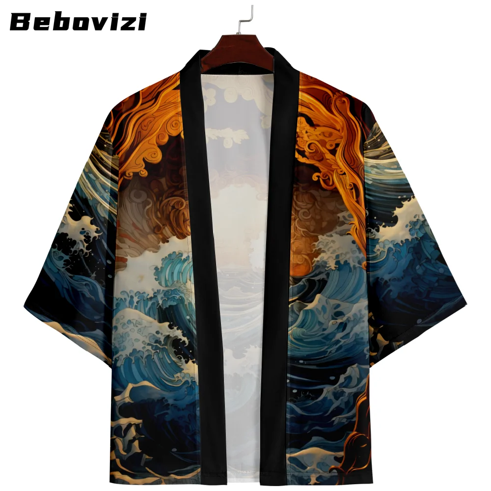 Bebovizi-Kimono japonés con estampado de olas para hombre y mujer, cárdigan informal, ropa japonesa holgada, nuevo diseño