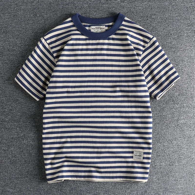 American Retro T-Shirt For Men Summer Trend Vintage Sailor's Striped T Shirts Half Sleeve 100% Cotton Tee Shirt Male Tops Tees