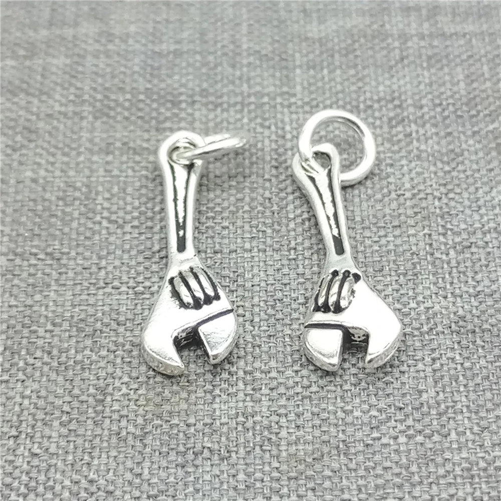 2 Pieces Hand Wrench Spanner Charms Double Sided in 925 Sterling Silver for Bracelet and Necklace Making