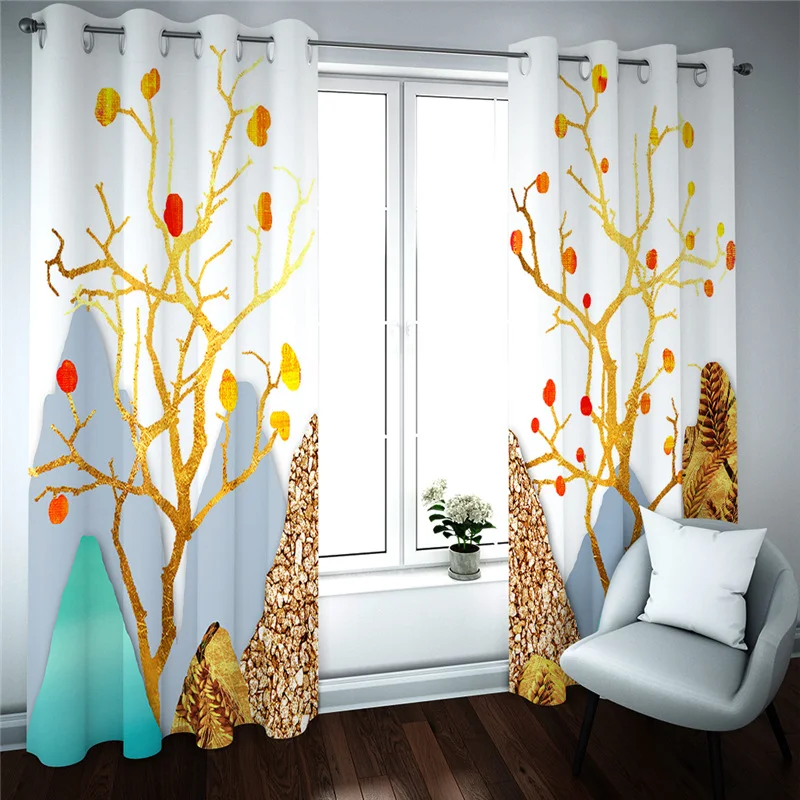 HUANZHUANG Luxury Curtains For Living Room Creative Gold Tree Tasteful Modern Fashion 2 Pieces Winodw Curtain For Bedroom