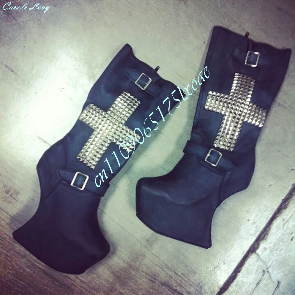 Gothic Punk Black Super Platform Short Boots Women Large Cross Gold Metal Stud Decor Double Buckle Wrap Strap Super High Wedges