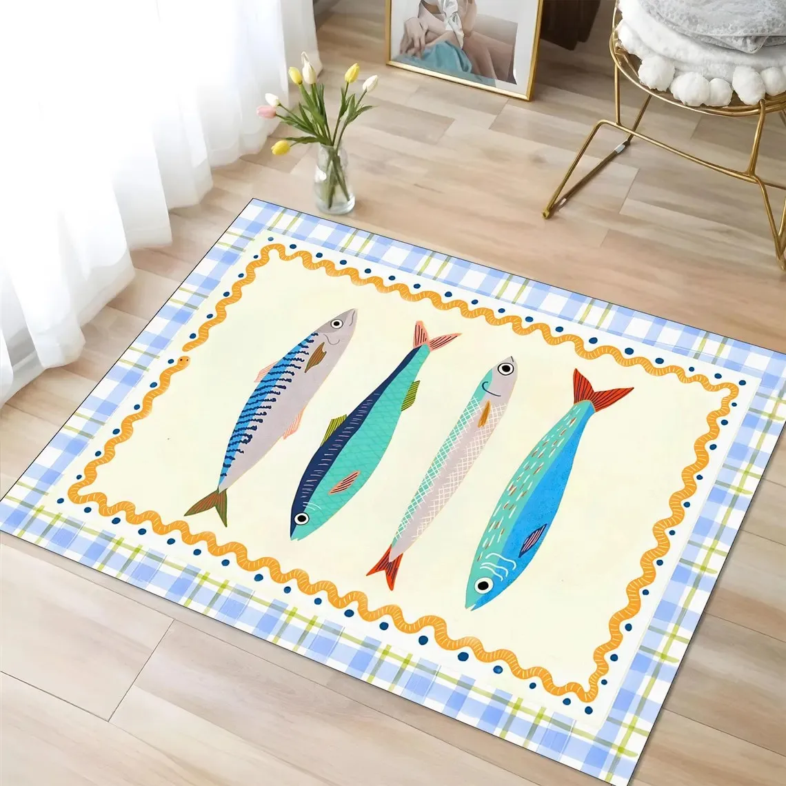 Colorful Polka Dot Fish Print Area Rug Black White Border Mat for Coastal Decor
