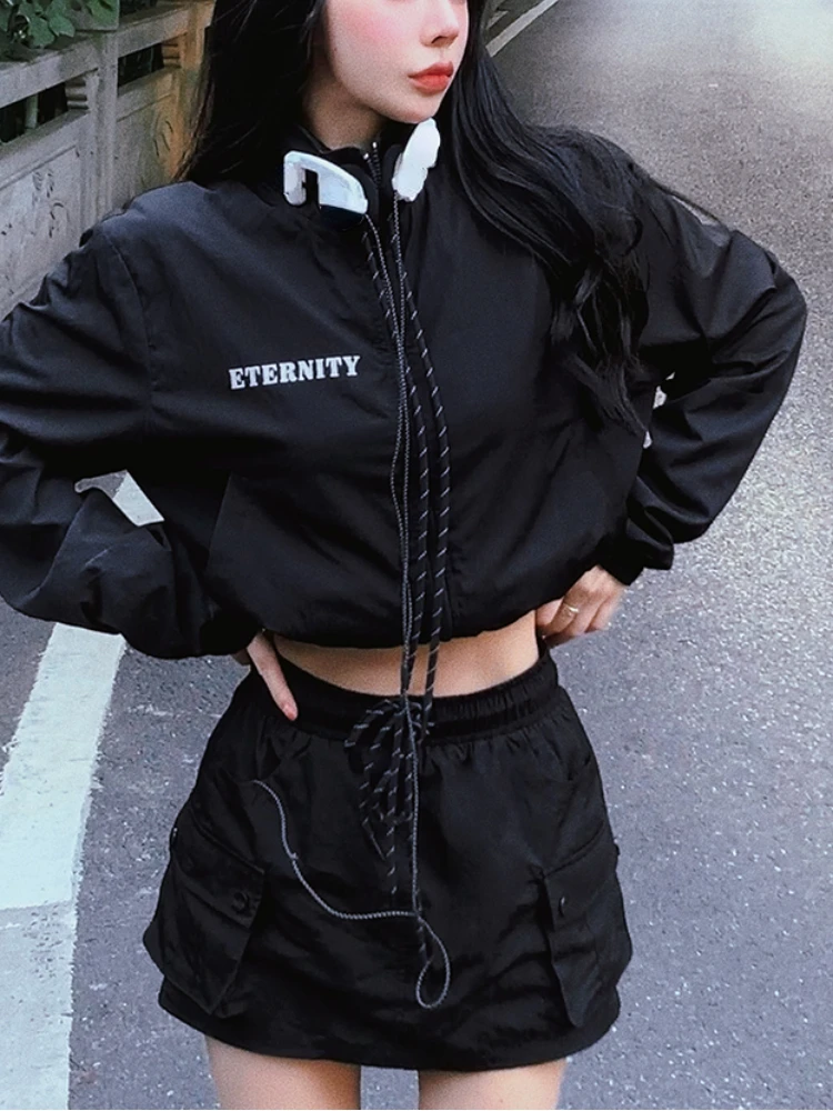 2 Piece Dress Set Women Casual Long Sleeve Y2k Crop Top Black Jacket + Mini Skirts Tracksuits Korean Shorts Coats 2022 Autumn