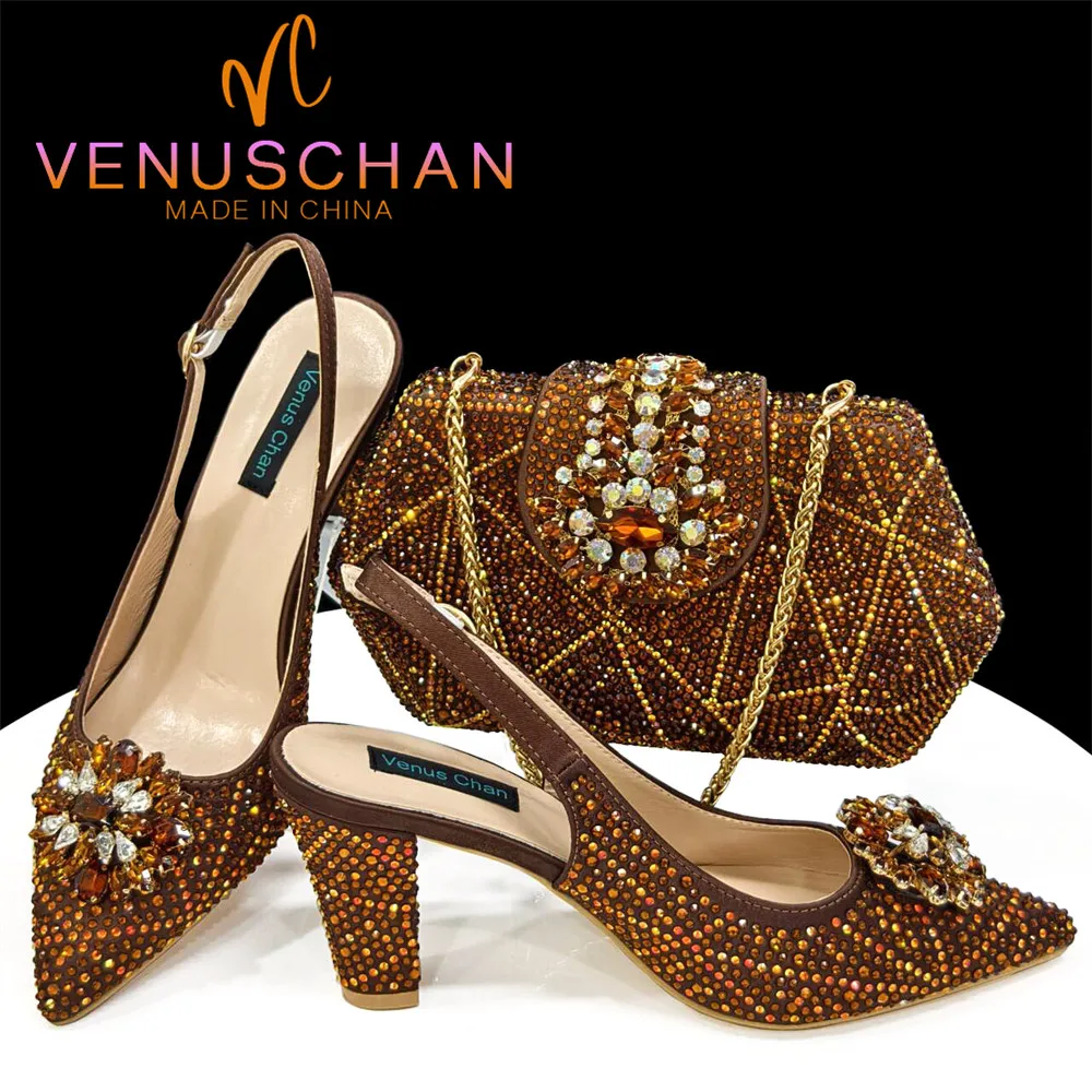 

Venus Chan New Shoes for Women Designer Pointed-Toe Luxury Wedding Peach Color Hollowed Out Design Bag and Shoes Matching Set