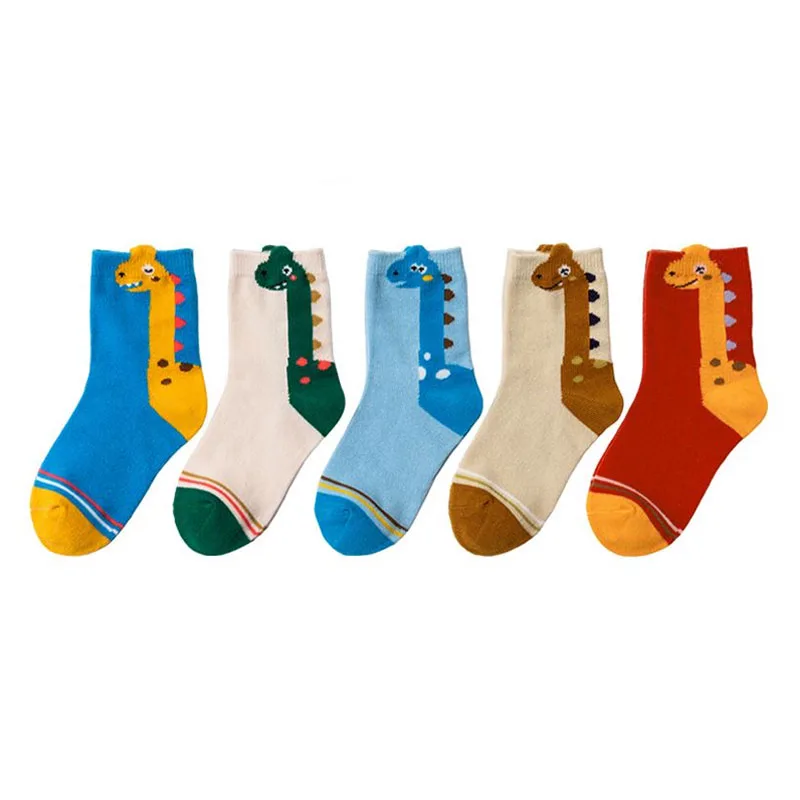 5 Pairs Children’s Dinosaur Pattern Socks – Breathable Cotton Crew Socks for Boys & Girls, Perfect for Daily School Wear