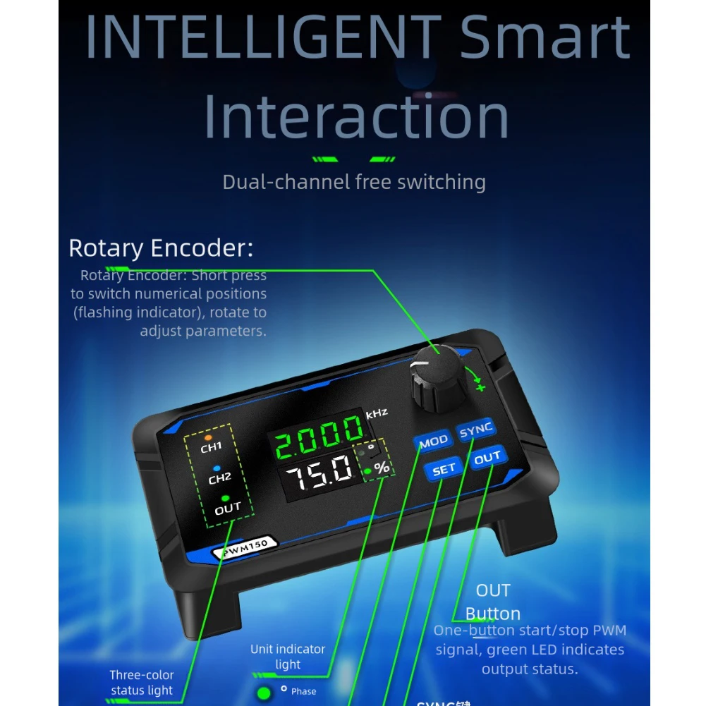 Gerador de canal duplo para testes eletrônicos, display digital, display LED branco de 3 dígitos, display LED verde de 4 dígitos