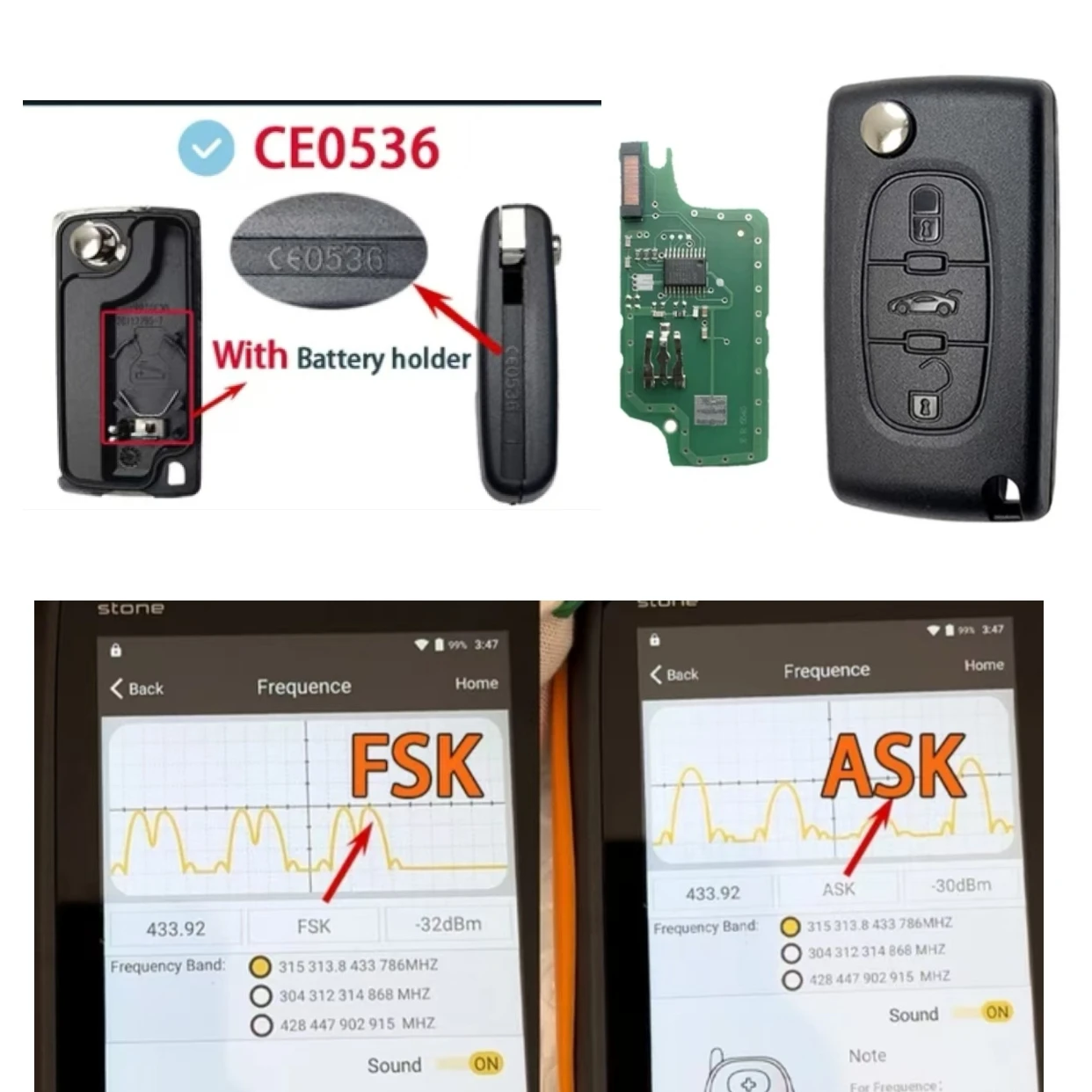 Jingxin 3-Tasten CE0536/CE0523 ASK/FSK 434MHz Fernbedienung Autoschlüssel für Citroen C4 C5 C6 C8 Xsara Picasso für Peugeot 107 207 307 308 – Detail 9