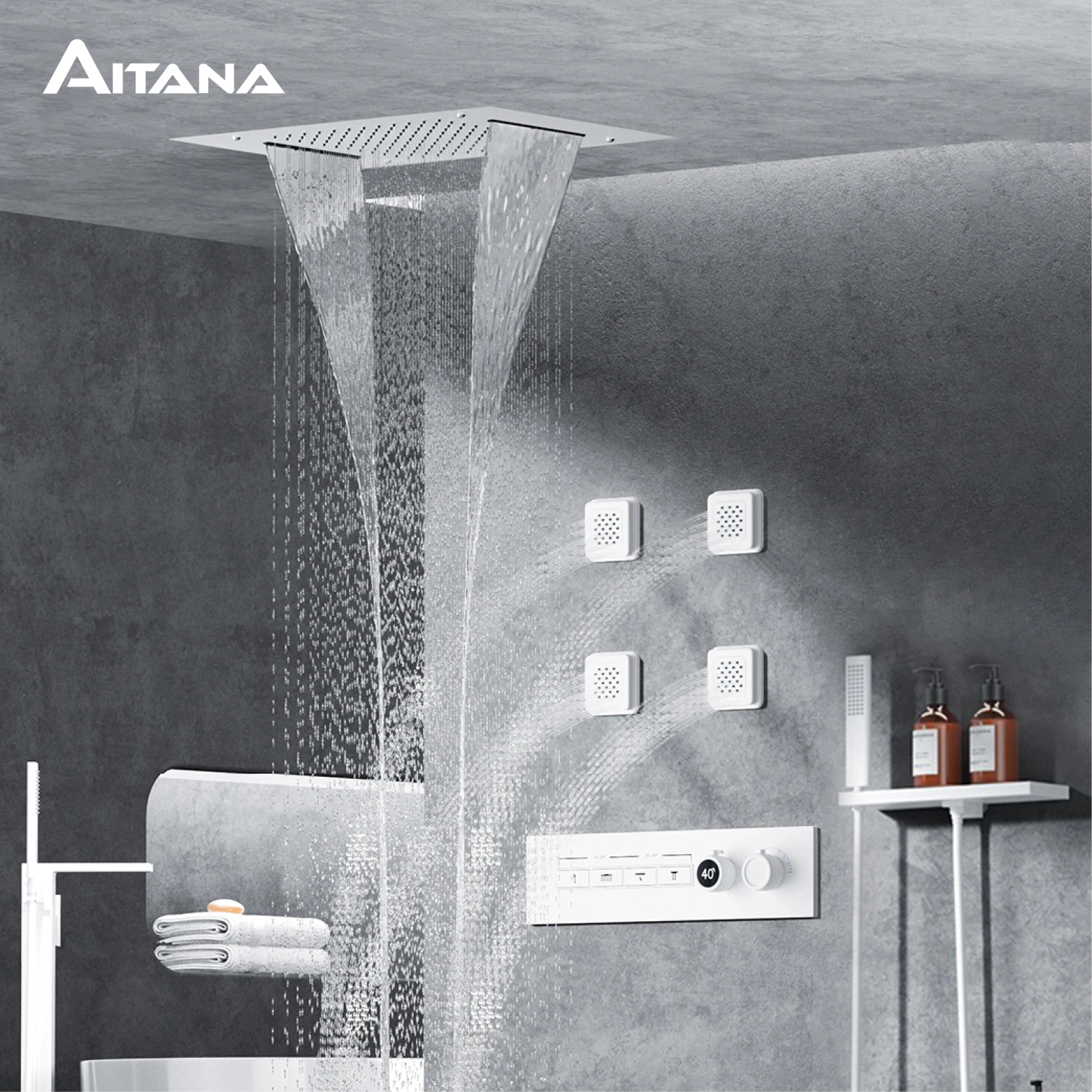 

Luxury Gun Grey Brass Thermostatic Shower System Ceiling-Embedded Rainfall&Waterfall Outlet with LED Display Bathroom Mixer Tap