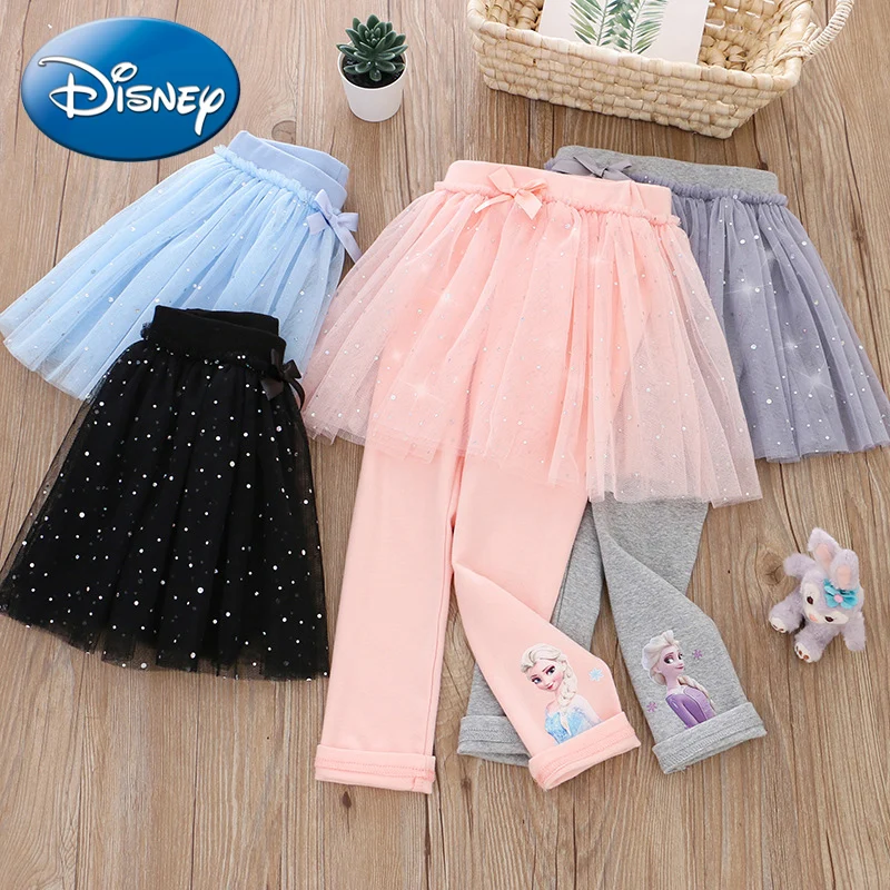 

Disney Cartoon Frozen Leggings Girls Quality Cotton Skirt Pants for Children Anime Elsa Skirts Baby Girl Pink Blue Lace Trouser